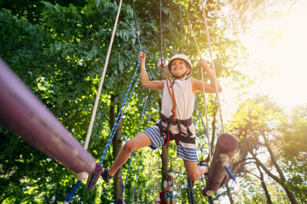 Little boy having trouble with balance in ropes course Little boy walking in ropes course in adventure park. The boy is laughing and trying to regain balance on hanging ropes obstacle and smiling at the camera. Sunny summer day.
Nikon D850 canopy tour photos stock pictures, royalty-free photos & images