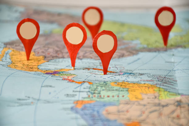 I want to visit, geo-location symbols on a map of North America and the Caribbean. Pinned on the map. I want to visit, geo-location symbols on a map of North America and the Caribbean. Pinned on the map. campaign button photos stock pictures, royalty-free photos & images