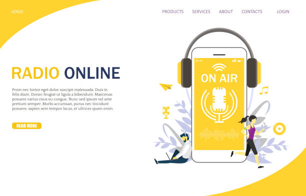 Radio online vector website landing page design template Radio online vector website template, web page and landing page design for website and mobile site development. Microphone on air live stream symbol on smartphone. Internet radio streaming concept. radio backgrounds stock illustrations