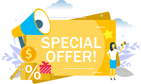 Special offer announcement, woman speaking through megaphone, gift boxes, dollar coins. Vector flat illustration for web banner, website page etc. Special sale discount promotion.