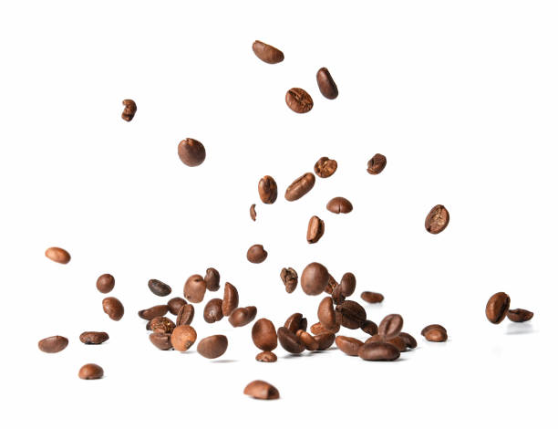 Falling roasted coffee beans. Chaotic motion. Falling roasted coffee beans. Chaotic motion. White isolated background. grinding stock pictures, royalty-free photos & images