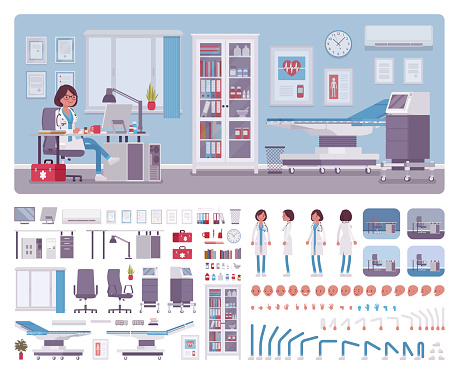 Female doctor in general practitioner office interior creation kit, workspace set, furniture, build own design with wall, floor color constructor elements. Cartoon flat style infographic illustration