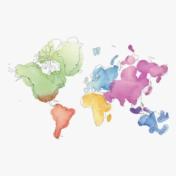 Vector illustration of World map continents in watercolor paintings