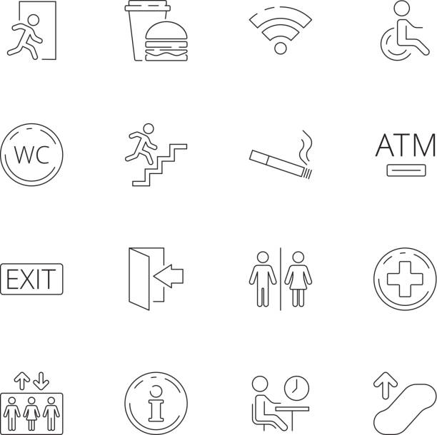 illustrazioni stock, clip art, cartoni animati e icone di tendenza di simboli di navigazione pubblici. il luogo del cibo della persona del bagno modella l'icona della linea sottile vettoriale dell'ascensore per alimenti internet - silhouette interface icons wheelchair icon set