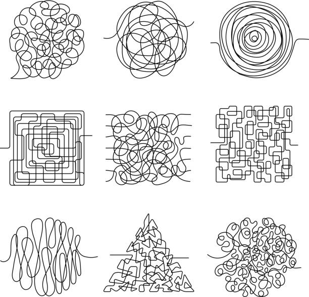 Chaos lines. Scribble messy shape threading pattern vector abstract forms Chaos lines. Scribble messy shape threading pattern vector abstract forms. Chaos line, messy scribble, curve tangle illustration circular maze stock illustrations