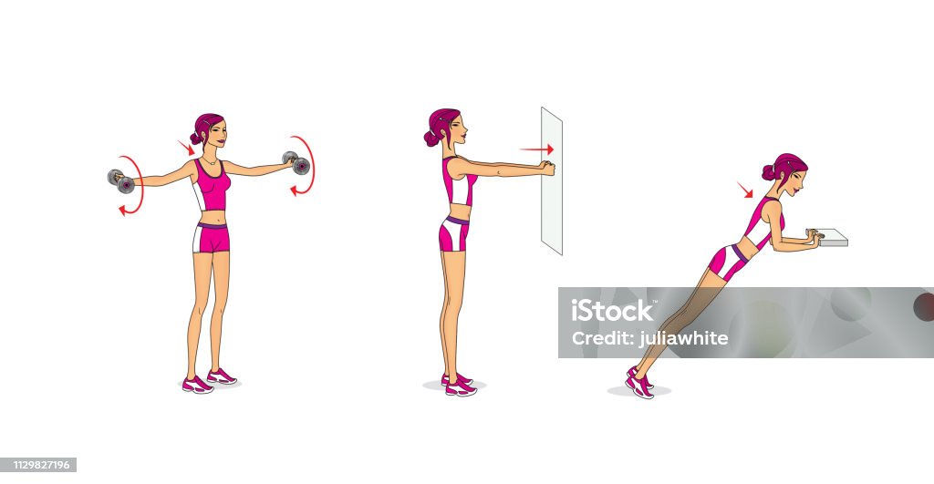 Dynamic training for the mobility of the joints of the arms and shoulders Girl is training. Dynamic training for the mobility of the joints of the arms and shoulders Exercising stock illustration