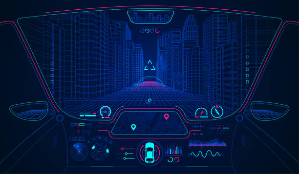 smartCarHud concept of future transportation or smart car, car cockpit with AI interface autonomous vehicles stock illustrations