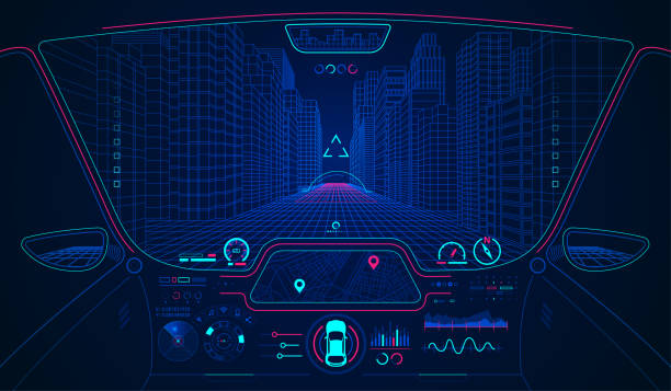 smartCarHud concept of future transportation or smart car, car cockpit with AI interface virtual road show stock illustrations