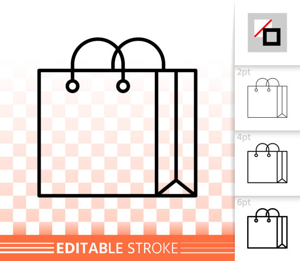 Shopping Bag simple black line package vector icon Shopping Bag thin line icon. Outline web sign of package. Sale linear pictogram with different stroke width. Simple vector symbol, transparent background. Eco handbag editable stroke icon without fill silhouette symbol computer icon shopping bag stock illustrations