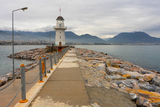 istock The old Lighthouse on a seawall 1129833587