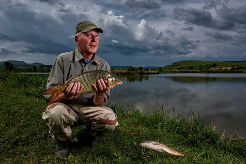 retirement lifestyle of senior man holding carp after fishing it.