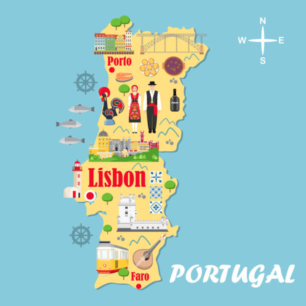 ilustrações de stock, clip art, desenhos animados e ícones de stylized map of portugal. travel illustration with portuguese landmarks - vinhos do porto