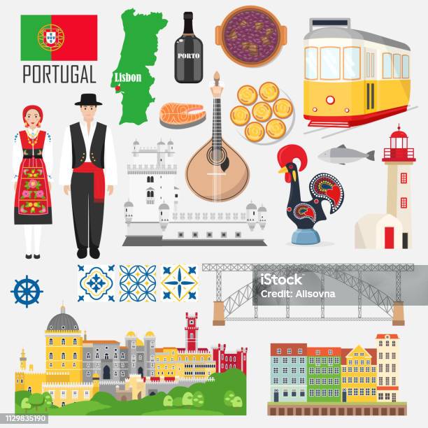 Set With Portuguese Symbols And Landmarks - Arte vetorial de stock e mais imagens de Portugal - Portugal, Galo, Barcelos