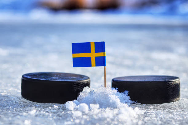 A Sweden flag on toothpick between two hockey pucks stock photo