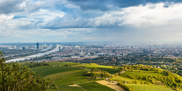 Vienna landscape with Danube river and the bridges, view from Kahlenberg mountain