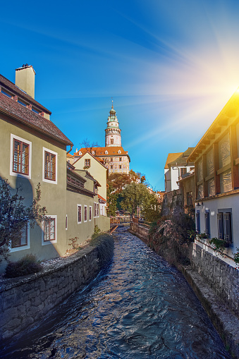 Beautiful sunset over historic centre of Chesky Krumlov old town in the South Bohemian Region of the Czech Republic on Vltava River. UNESCO World Heritage Site.