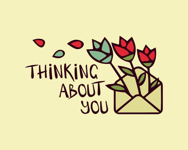 Thinking about you flowers Hand drawn lettering Thinking about you. Vector art. Letter icon with red and pink flower bouquet, petals and quote. Romantic typography - perfect design element for banner, flyer, postcard or poster thinking of you card stock illustrations