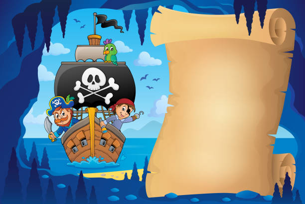 illustrations, cliparts, dessins animés et icônes de parchemin en image de la grotte pirate 8 - nautical vessel cannon coastline crane