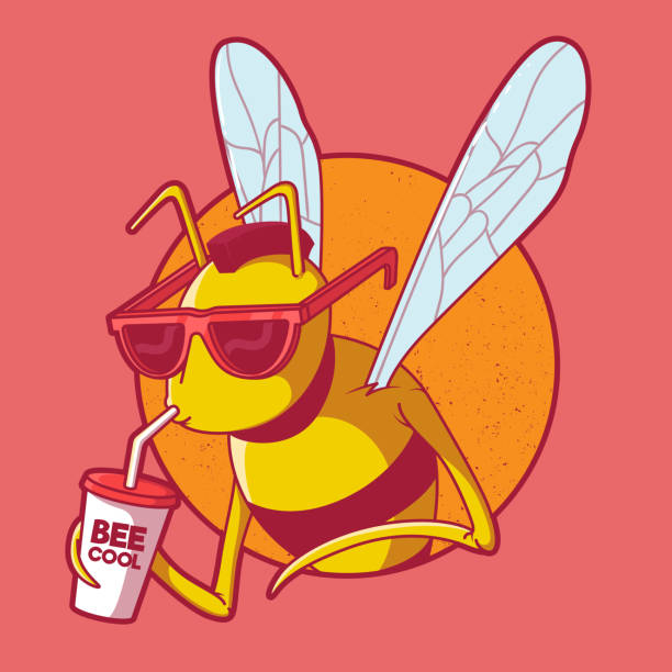 Honey character drinking a soda and looking cool vector illustration. Food, marketing, logo, honey, bee, company, business design concept bee costume stock illustrations
