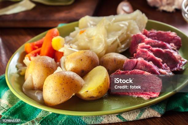 Corned Beef And Cabbage With Potatoes And Carrots Stock Photo - Download Image Now - Corned Beef, Cabbage, Dinner