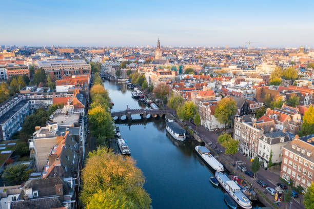 Panoramic aerial view of Amsterdam, Netherlands. stock photo