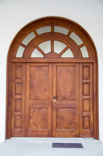 New two-winged wooden door with arch, Bulgaria, Europe