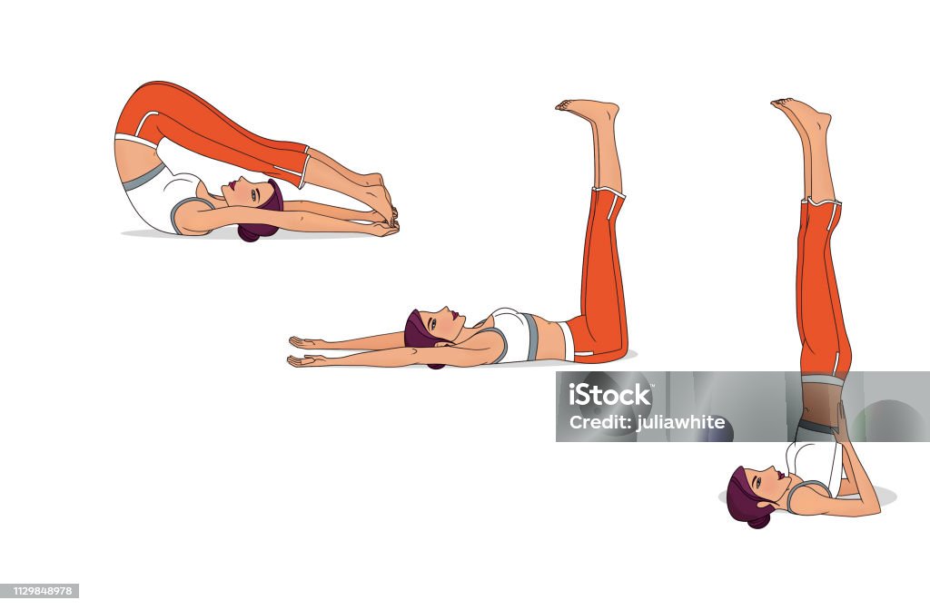 Girl trains for stretching and abdominals. Girl trains for stretching and abdominals. Three yoga poses, plow pose Active Lifestyle stock illustration