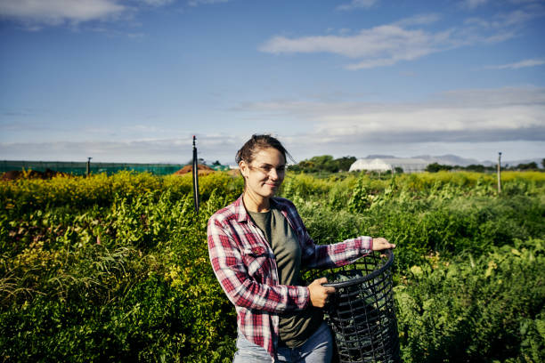 Shot of a young woman holding a basket of freshly picked produce on a farm