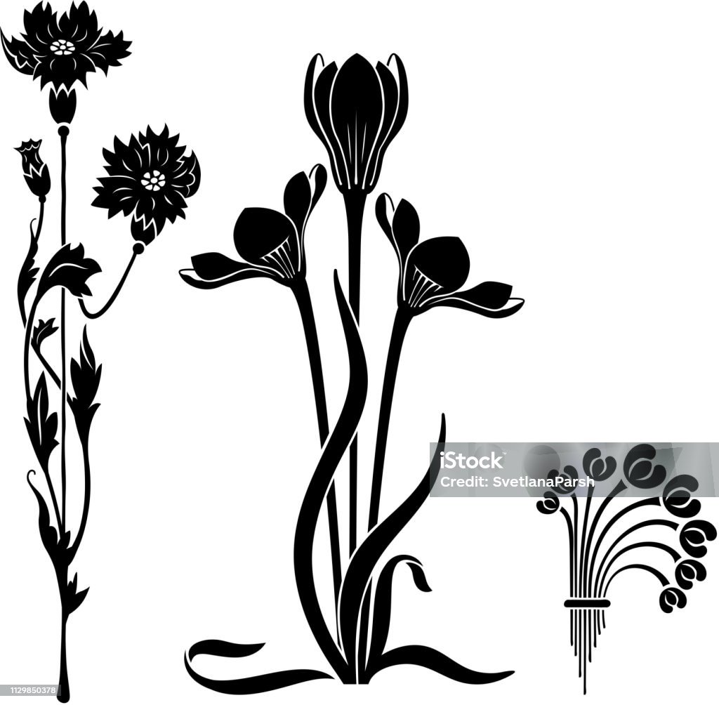 Elementos decorativos de estilo Art Nouveau. Negro había estilizado flores. Plantillas. - arte vectorial de Arte Nouveau libre de derechos