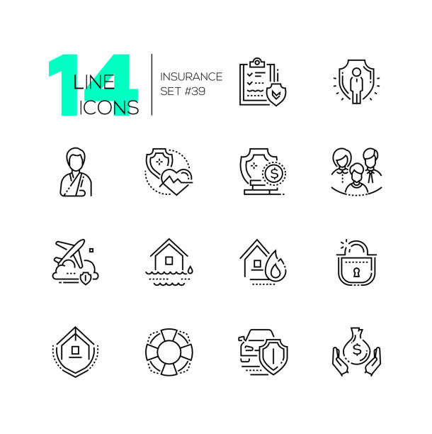 Insurance - set of line design style icons Insurance - set of line design style icons isolated on white background. Black pictograms. Contract, protection, medical, social, financial, flight, fire, flood, residential family life transport flooded home stock illustrations