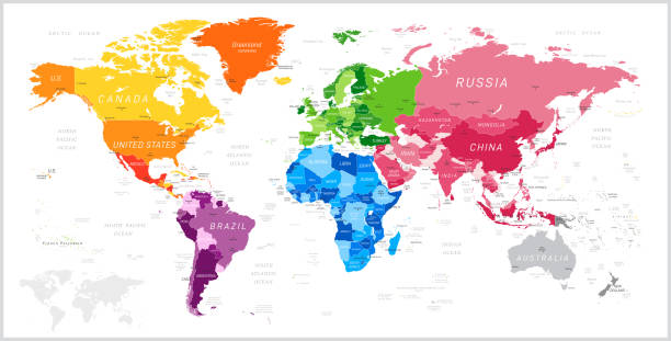 ilustrações de stock, clip art, desenhos animados e ícones de world map with north america, south america, africa, europe, asia and oceania continents. vector illustration - topography globe usa the americas