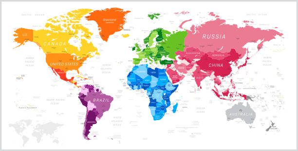 kuzey amerika, güney amerika, afrika, avrupa, asya ve oceania kıta ile dünya harita. vektör çizim - argentina australia stock illustrations