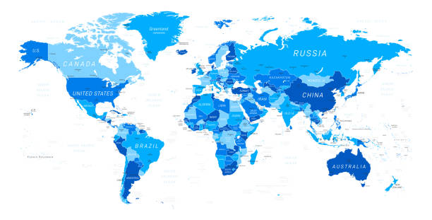 ilustraciones, imágenes clip art, dibujos animados e iconos de stock de mapa del mundo. ilustración de vector azul - india map cartography sri lanka