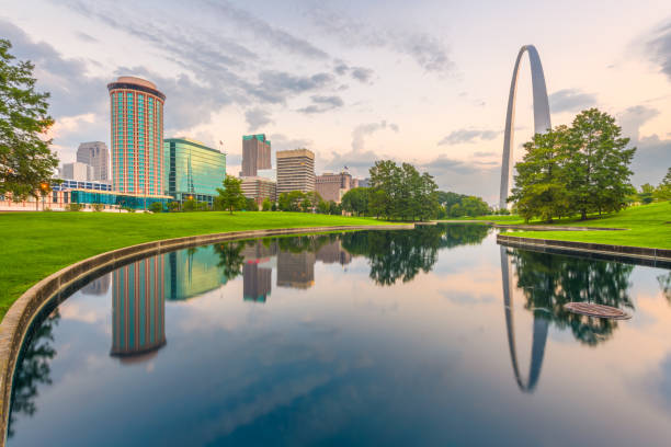 St. Louis, Missouri, USA city skyline and park St. Louis, Missouri, USA city skyline and park in the morning. pool gate stock pictures, royalty-free photos & images