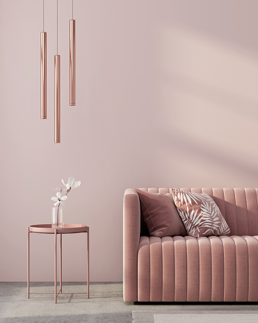 Monochrome interior in pink color with a sofa, a table, a chandelier of pink gold and a white flower / 3D illustration, 3d render