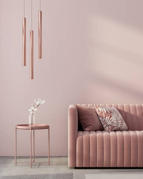 Monochrome interior in pink color Monochrome interior in pink color with a sofa, a table, a chandelier of pink gold and a white flower / 3D illustration, 3d render toned image stock pictures, royalty-free photos & images