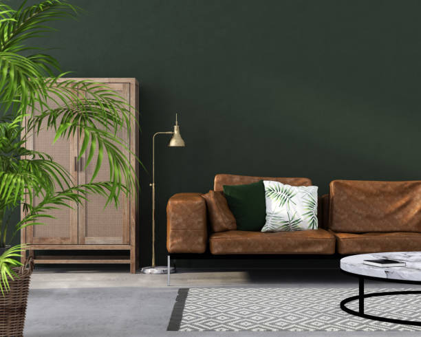 living room with brown leather sofa