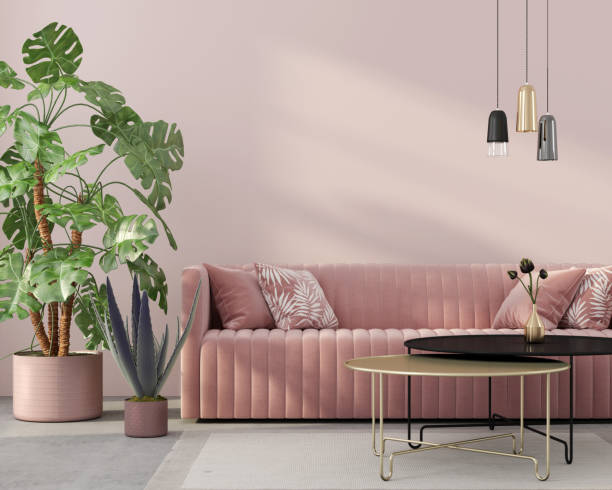 гостиная в розовом с бархатным диваном - furniture contemporary domestic room sparse стоковые фото и изображения