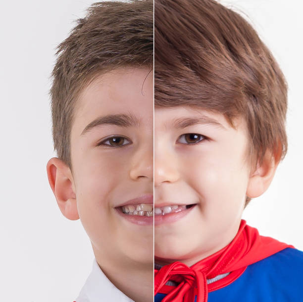 dos niños de diferentes personajes de frente - make over series fotografías e imágenes de stock