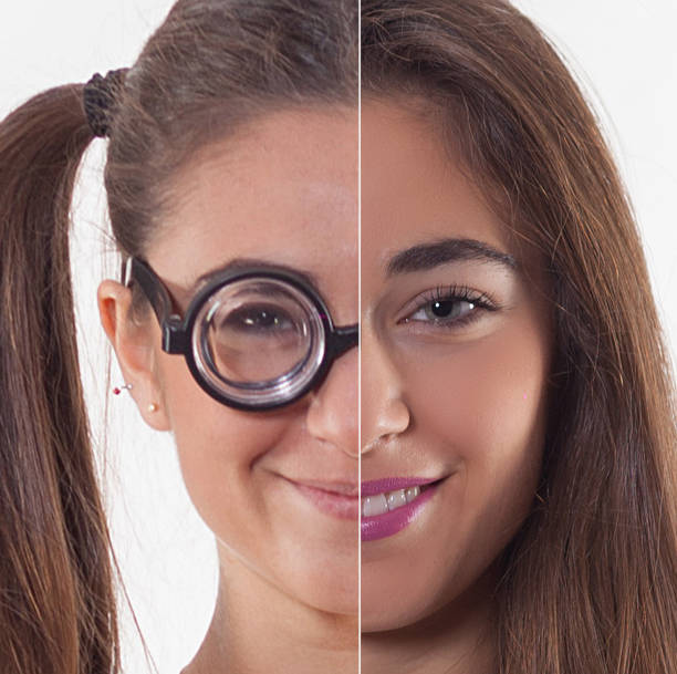dos ante diferentes personajes felizes mujeres jóvenes - makeover series fotografías e imágenes de stock
