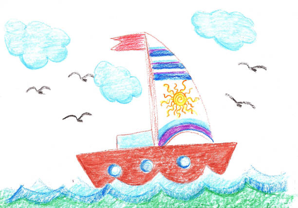 illustrazioni stock, clip art, cartoni animati e icone di tendenza di barca a vela a vela sulle onde del mare - window porthole sky cloudscape