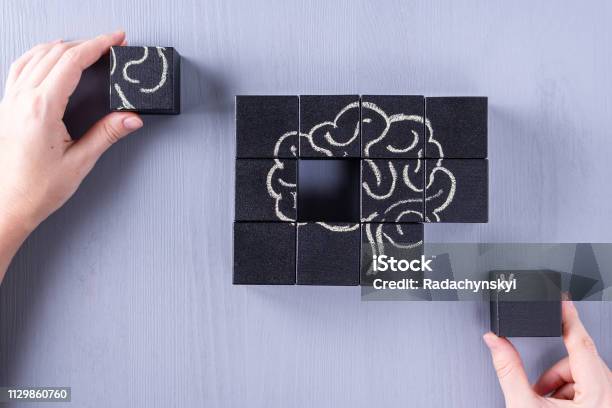 The Concept Of The Human Brain Education Science And Medical Concept Brain Drawn In Chalk On Black Cubes Stock Photo - Download Image Now