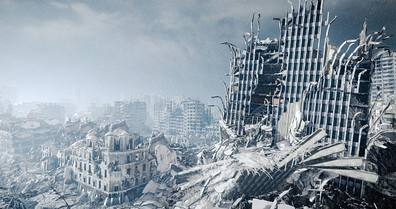 Digitally generated accurate scene of destroyed city/post nuclear urban scene with ruined architecture (nuclear winter).