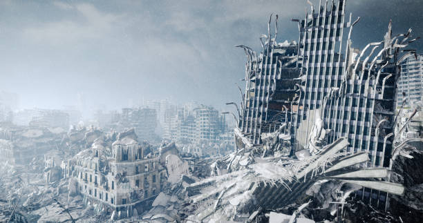 Nuclear Winter Urban Landscape Digitally generated accurate scene of destroyed city/post nuclear urban scene with ruined architecture (nuclear winter). radioactive contamination stock pictures, royalty-free photos & images