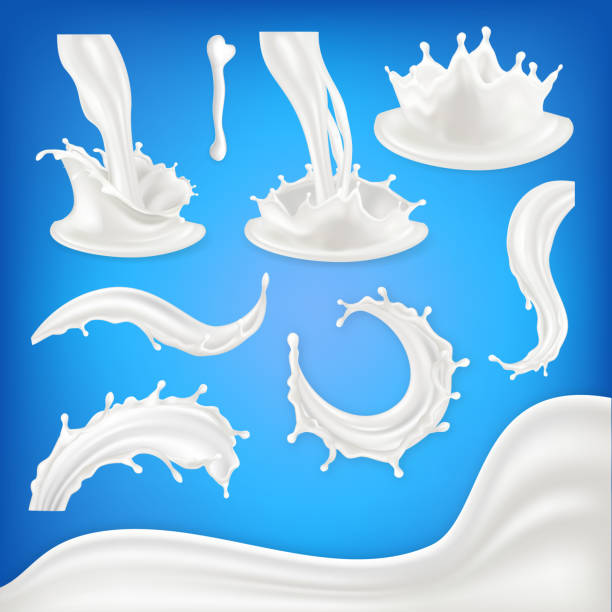 ミルクはスプラッシュのベクトルを設定します。白い波、ドロップ、液体がにじみます。食品ドリンク自然エコ健康製品です。注ぐ製品設計要素。3 d のリアルなイラスト - splashing water wave drop点のイラスト素材／クリップアート素材／マンガ素材／アイコン素材
