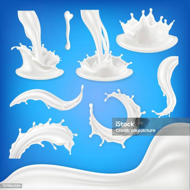 Milk Splash Set Vector White Wave Drop Blots Liquid Food Drink Natural Eco Healthy Product Pouring Product Design Element 3d Realistic Illustration Stock Illustration - Download Image Now