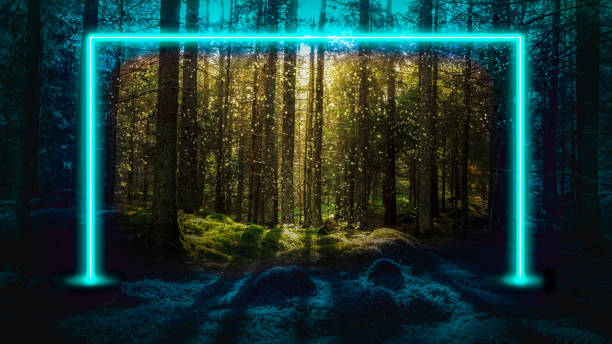Blue fluorescent neon laser lights in green magical forest landscape. Mysterious UFO portal gate concept background.