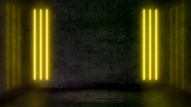 Empty dark abstract room with yellow fluorescent neon lights. stock photo