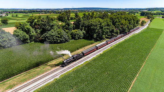 Drone shot of a freight train yard and locomotive depot in Fort Worth, Texas.