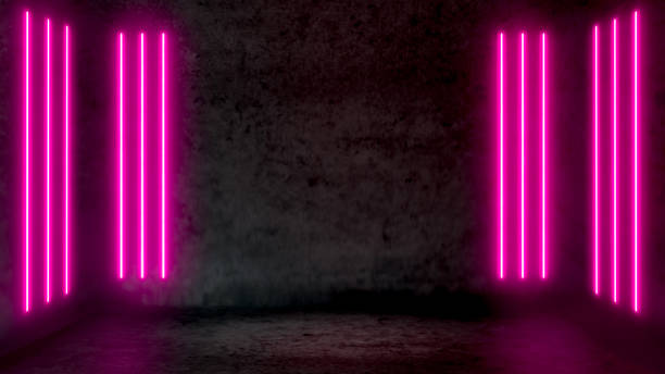 istock Empty dark abstract room with pink fluorescent neon lights. 1129871740